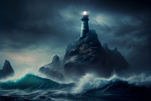 The lighthouse stands on a rock around the storm and the night in 6k