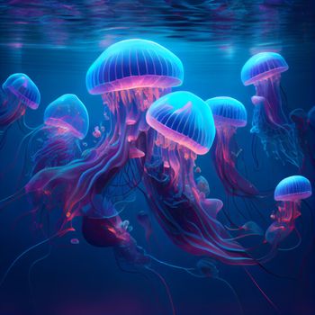 Flock of neon jellyfish in the underwater world in 5k