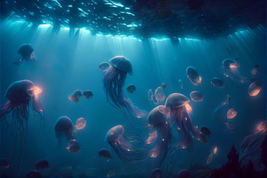 Flock of neon jellyfish in the underwater world in 5k