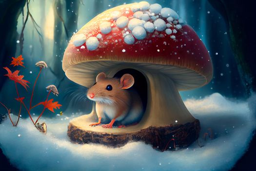 A mouse peeks out of its mushroom-shaped house in winter in 3k