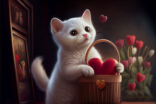 cute white cat holding a valentine heart in a wicker basket on a background of flowers in 3k