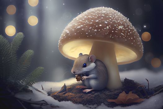 There is a mouse in the forest under a luminous mushroom in winter in 3k