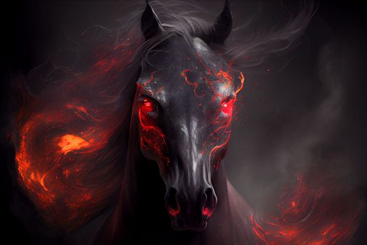 Black burning demonic horse with fiery eyes in 5k