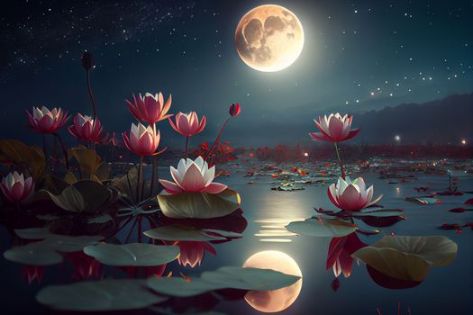 Night landscape with water lilies in a swamp against the background of the moon in 6k