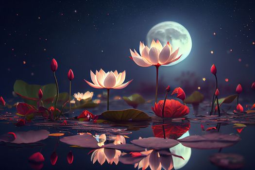 Night landscape with water lilies in a swamp against the background of the moon in 6k