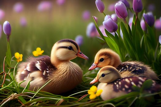 Mother duck with her ducklings in the grass against the background of tulips in 6k