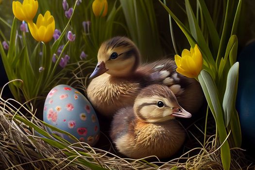 Two cute ducklings in the nest near the eggs in 6k