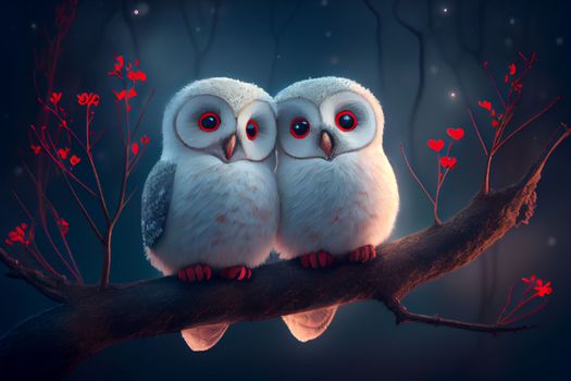 Two cute owlets couple sitting next to each other in 6k