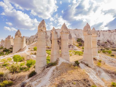 Unique geological formations in Love Valley in Cappadocia, popular travel destination in Turkey.