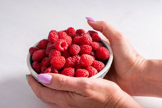 fresh raspberries in a bowl in woman hands, summer harvest fruits and fresh berries, vitamins, vegetarian concept, High quality photo