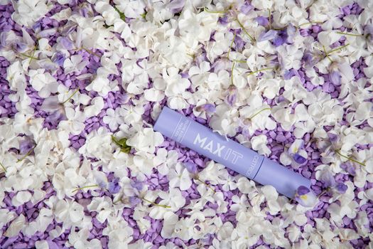 Catrice Yeux Max It Volume and Length Mascara Deep Black in a lilac case against a lilac background of small stones, close up, As,Belgium, May 14, 2022, High quality photo,