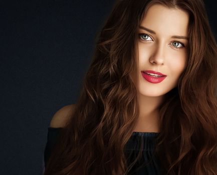 Beauty, makeup and skincare, face portrait of beautiful woman with long hairstyle on black background for luxury cosmetics, wellness or glamour fashion look