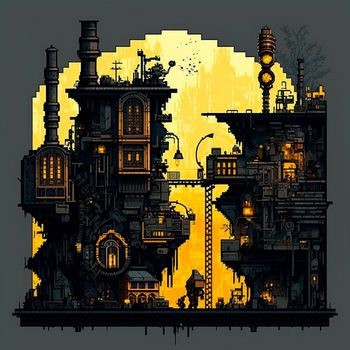 2D Factory in pixel art style. High quality photo