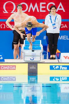 MELBOURNE, AUSTRALIA - DECEMBER 16: Kenzo SIMONS (NED) in the Mixed 4x50m Freestyle relay at the 2022 FINA World Short Course Swimming Championships at Melbourne Sports and Aquatic Centre on December 16, 2022 in Melbourne, Australia