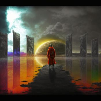 a wanderer between worlds stands in front of portals to other worlds. High quality illustration