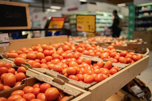 Fresh red tomatoes in Spanish supermarket.