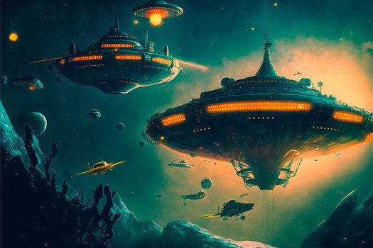 intergalactic spaceships on the background of planets and space. High quality illustration