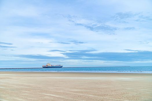 cargo ship at the sandy beach. 