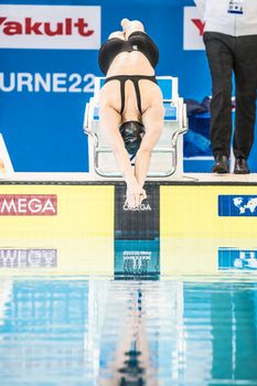 MELBOURNE, AUSTRALIA - DECEMBER 16: Kate DOUGLASS (USA) on her way to winning the Women's 200m Breastroke at the 2022 FINA World Short Course Swimming Championships at Melbourne Sports and Aquatic Centre on December 16, 2022 in Melbourne, Australia