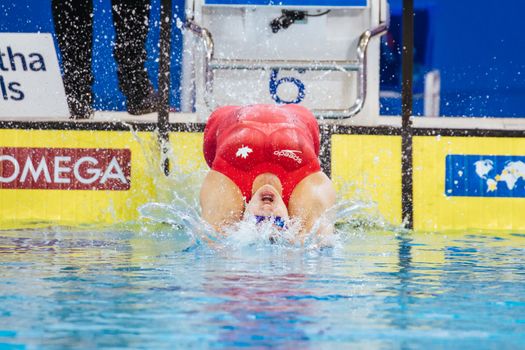 MELBOURNE, AUSTRALIA - DECEMBER 16: Kylie MASSE (CAN) competes in the Women's 50m Backstroke final on day four of the 2022 FINA World Short Course Swimming Championships at Melbourne Sports and Aquatic Centre on December 16, 2022 in Melbourne, Australia