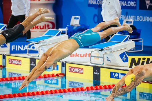 MELBOURNE, AUSTRALIA - DECEMBER 16: Florent MANAUDOU (FRA) enters the water in the Men's 50m Freestyle semifinal on day four of the 2022 FINA World Short Course Swimming Championships at Melbourne Sports and Aquatic Centre on December 16, 2022 in Melbourne, Australia