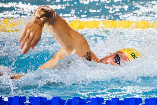 MELBOURNE, AUSTRALIA - DECEMBER 16: Kyle CHALMERS (AUS) during the Men's 4x200m Freestyle final on day four of the 2022 FINA World Short Course Swimming Championships at Melbourne Sports and Aquatic Centre on December 16, 2022 in Melbourne, Australia