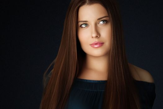 Beauty, makeup and skincare, face portrait of beautiful woman with long hairstyle on black background for luxury cosmetics, wellness or glamour fashion look