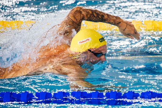 MELBOURNE, AUSTRALIA - DECEMBER 16: Kyle CHALMERS (AUS) during the Men's 4x200m Freestyle final on day four of the 2022 FINA World Short Course Swimming Championships at Melbourne Sports and Aquatic Centre on December 16, 2022 in Melbourne, Australia
