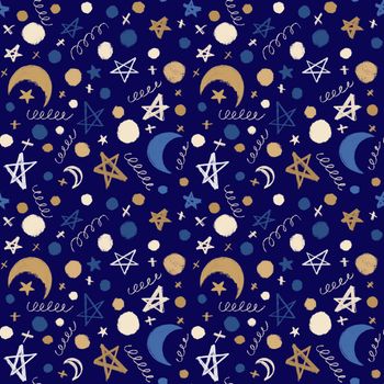Seamless festive pattern with moon, stars and doodles on a blue background. Christmas background for wrapping paper, surface textures, scrapbook