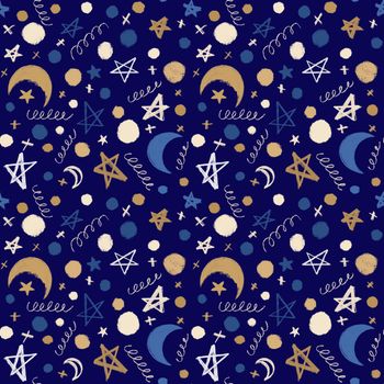 Seamless festive pattern with moon, stars and doodles on a blue background. Christmas background for wrapping paper, surface textures, scrapbook