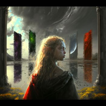 a wanderer between worlds stands in front of portals to other worlds. High quality illustration