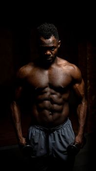 Muscular dark-skinned man doing an exercise with dumbbells