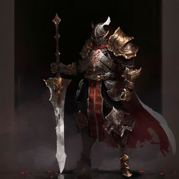 A stern knight in heavy armor in the style of fantasy. High quality illustration