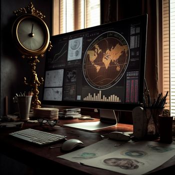 computer and screens with graphs in the office in retro style, graph analysis and world map. High quality illustration