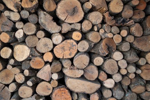 pile stacked natural sawn oak wooden logs background prepared for winter , top view