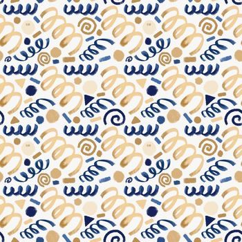 Festive seamless pattern with gold and blue confetti,swirls, stars. Christmas background for wrapping paper, surface textures, scrapbook