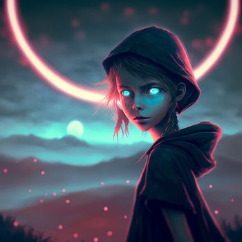 Mysterious girl on the background of the eclipse. High quality illustration