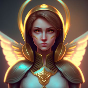 Mysterious angel woman with a halo and golden armor. High quality photo