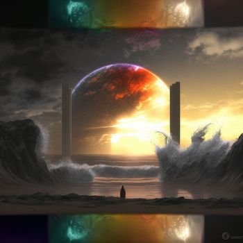 a wanderer between worlds stands in front of portals to other worlds. High quality illustration