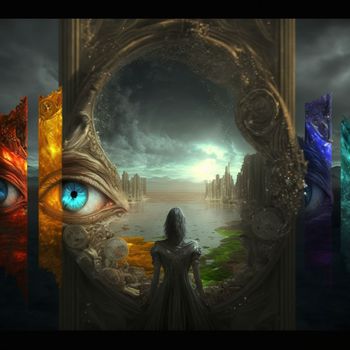 a wanderer between worlds stands in front of portals to other worlds. High quality illustration