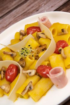 Recipe for Rigatoni Pasta with Chiatsu Squash Cream, Ham, Tomato, Mushrooms and Parmesan. High quality photo
