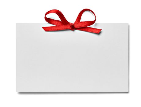 close up of a note card with ribbon bow on white background