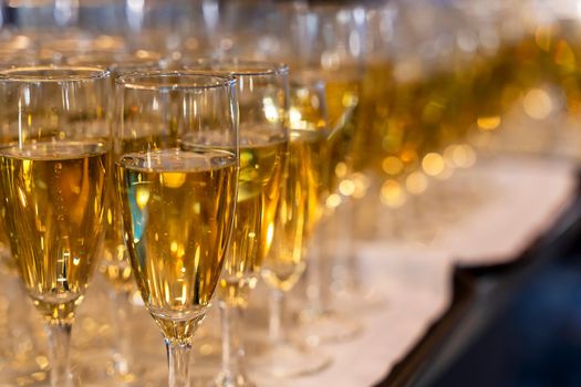 many beautiful glasses of champagne during a party on the table in the bar. close-up. glasses with cool champagne or white wine stand in rows on the bar counter, soft focus.