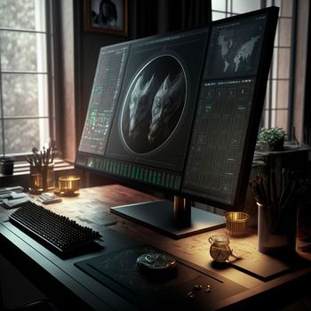 computer and screens with graphs in the office in retro style, graph analysis and world map. High quality illustration