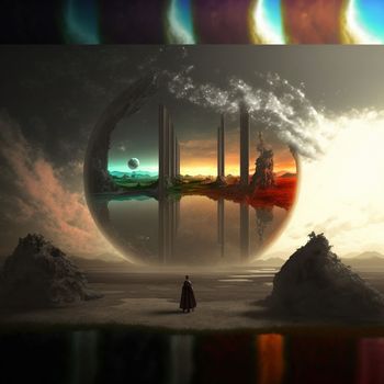 a wanderer between worlds stands in front of portals to other worlds. High quality illustration