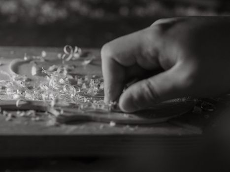 luthier working on raw wood violin plate with finger plane on the bench