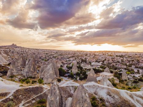 Beautiful stunning view of the mountains of Cappadocia and cave houses. Turkey.