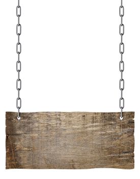 wooden blank sign hanging with chain and rope on white background