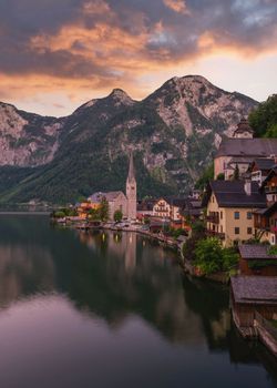 Hallstatt village on Hallstatter lake in the Austrian Alps Austria Europe at sunset