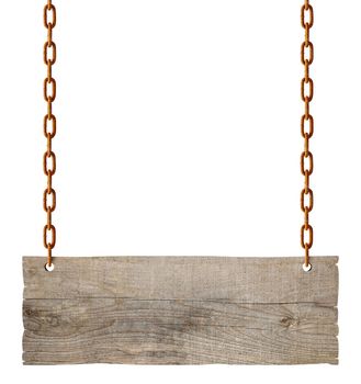 wooden blank sign hanging with chain and rope on white background